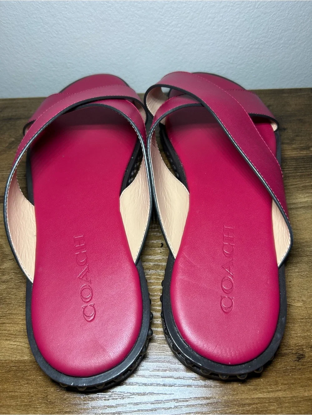 Coach Burgundy Cross-Strap Pearl-Trim Slide Sandals